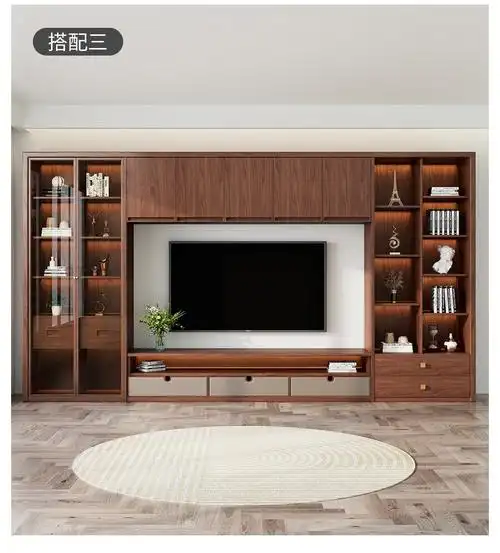 北美黑胡桃木全屋定制电视柜现代简约电视背景墙组合定制实木酒柜餐边
