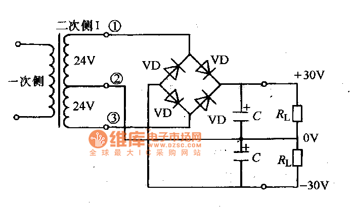用一组桥式整流器获得正,负对称的直流电源