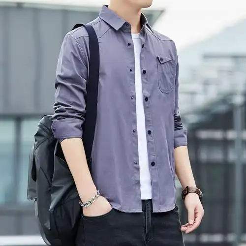 0万件2020春季新款男士纯棉衬衫男韩版修身军旅风长袖衬衣潮流男装寸