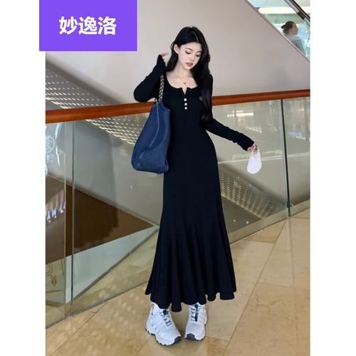 妙逸洛早春款半开v领高腰气质长裙百搭显瘦a字鱼尾内搭连衣裙梨型身材