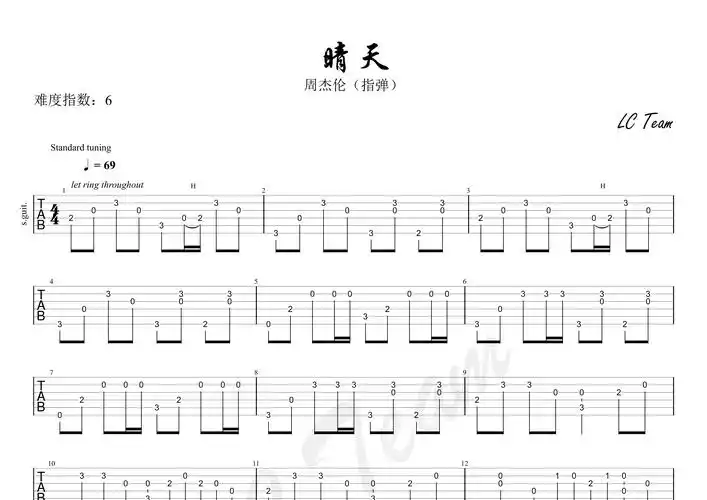 晴天指弹吉他谱_周杰伦_标准调弦吉他指弹六线谱_简单版新手谱编配