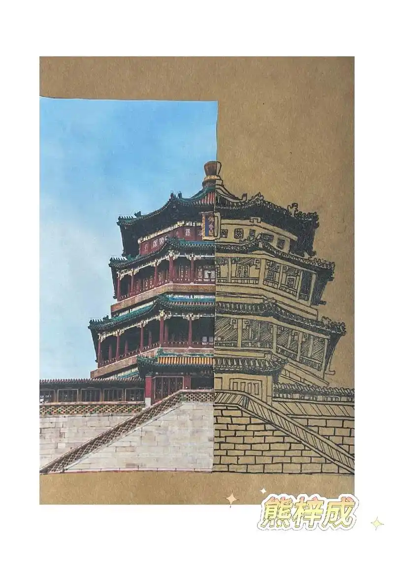 素描作品欣赏99 建筑类线描专题课-对称的建筑98 中式建筑 - 抖音