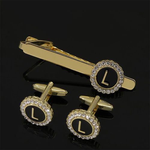 欧美时尚合金镶钻圆形袖扣英文大写字母l职业西装领带夹男商务夹