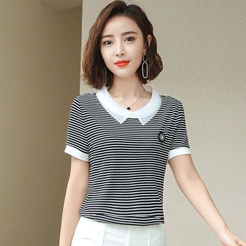 条纹t恤女短袖2021夏新款时尚遮肚洋气娃娃领打底衫宽松显瘦上衣 黑