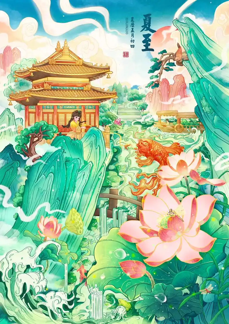 节气夏至国风插画,一笔一画一海报.节气夏至国风插画,详细过程 - 抖音