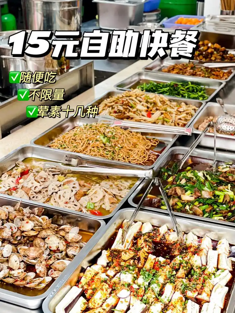 15元的自助快餐,荤素十几样随便吃!