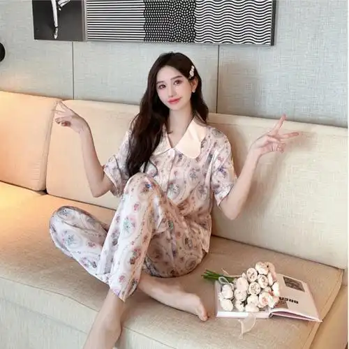 【双娇美】夏季新款短袖长裤冰丝睡衣女夏天薄款家居服女冰丝 - 17网