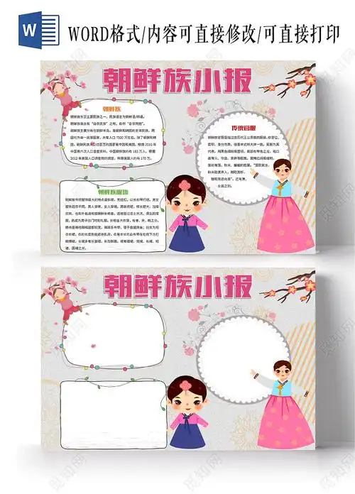 复古卡通朝鲜族民族团结少数民族团结一家亲小报手抄报朝鲜族民族团结