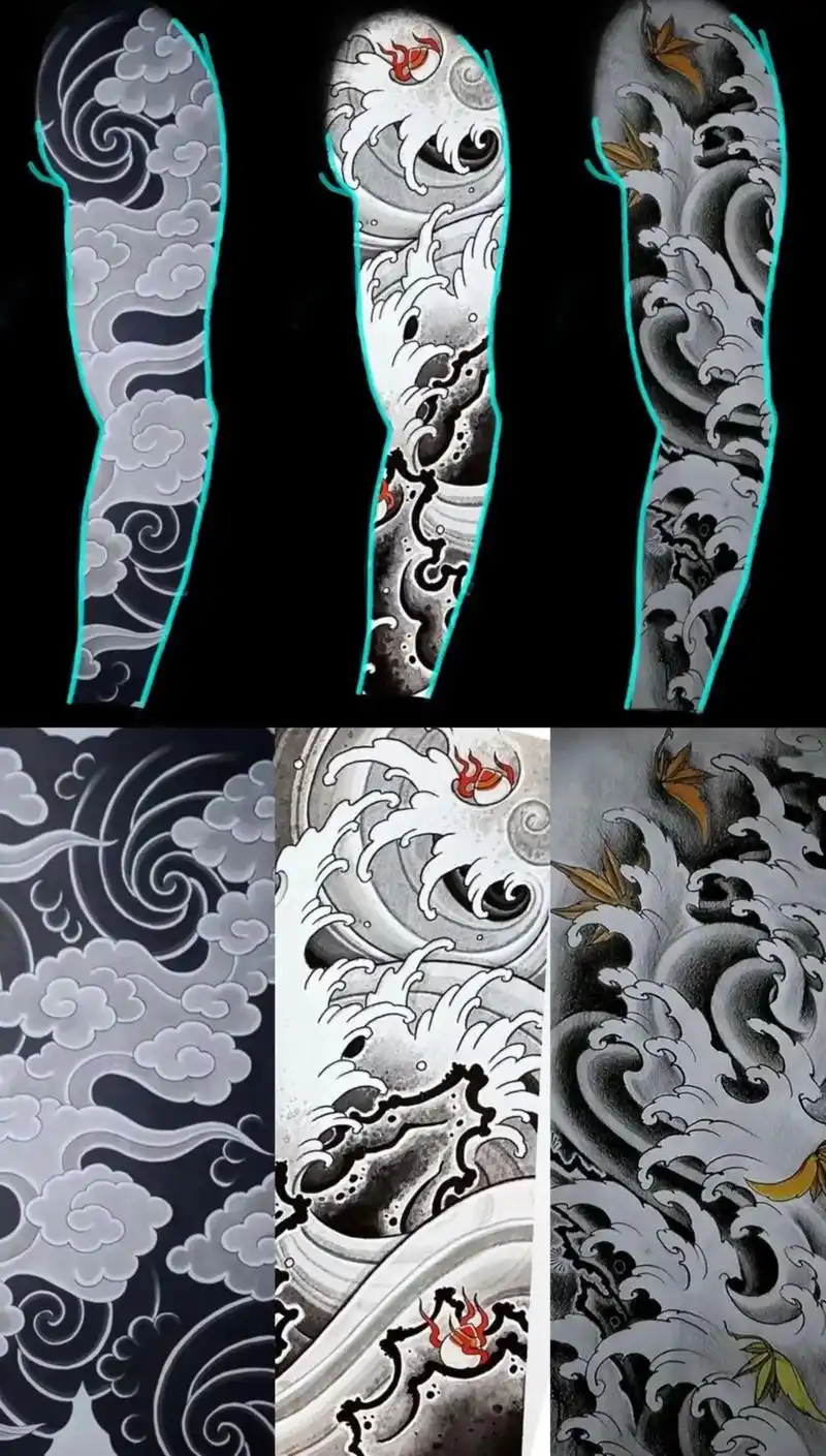 祥云水浪传统花臂图案#老传统纹身手稿 #传统纹身花臂 #日式 - 抖音