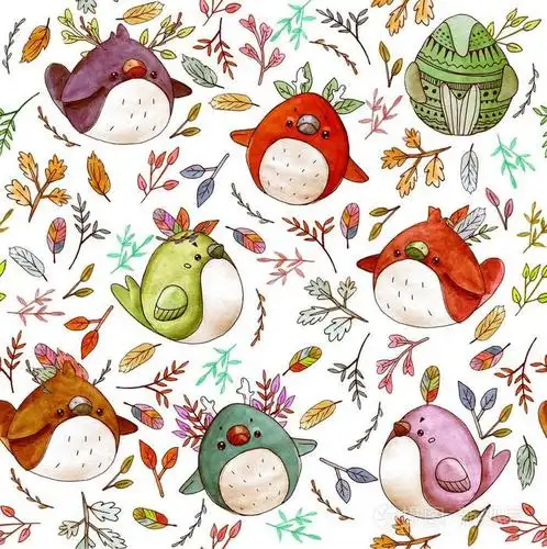 可爱的卡通水彩画森林小鸟.手绘可爱的花卉花圈完美的印刷和卡片制作.