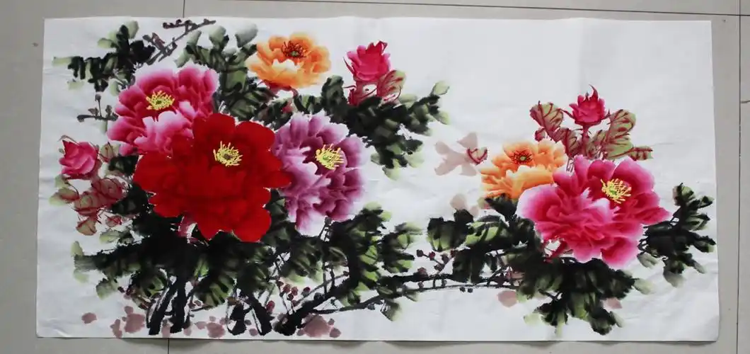 sh5658-横幅手绘写意花鸟四尺牡丹国画手绘花鸟四尺牡丹写意花鸟横幅