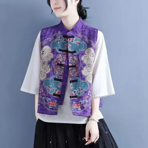 重工云纹绣花立领盘扣马甲女2022春夏复古文艺新中式短款坎肩外套