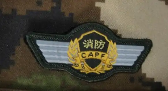 武警常服或者迷彩服的上衣左胸或者右胸部位有胸标,上面有"消防"两个