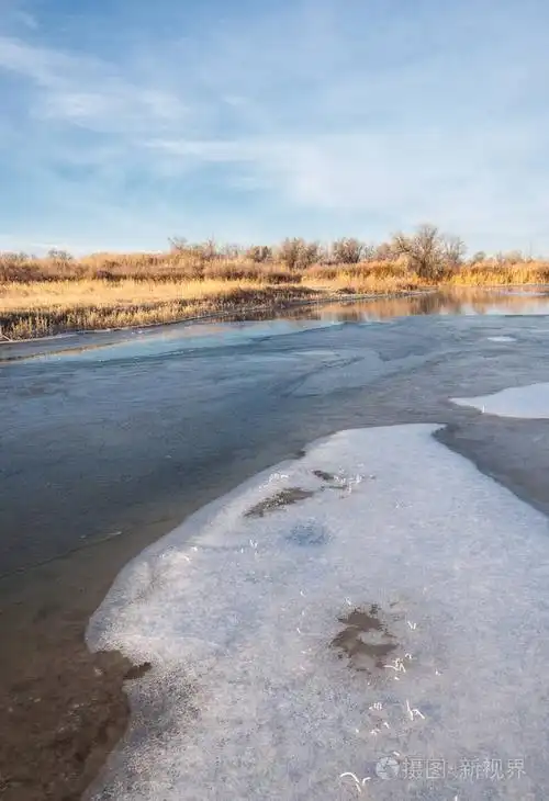 河里的水因寒冷而雾. 沙滩上覆盖着冰. 冬天的伊利河. 哈萨克斯坦