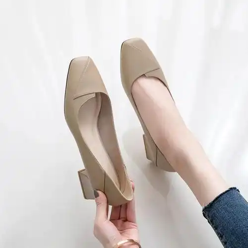 女大码 设计感中跟奶奶鞋 女真皮裸色高跟鞋 羊皮软皮粗跟单鞋 - 女鞋