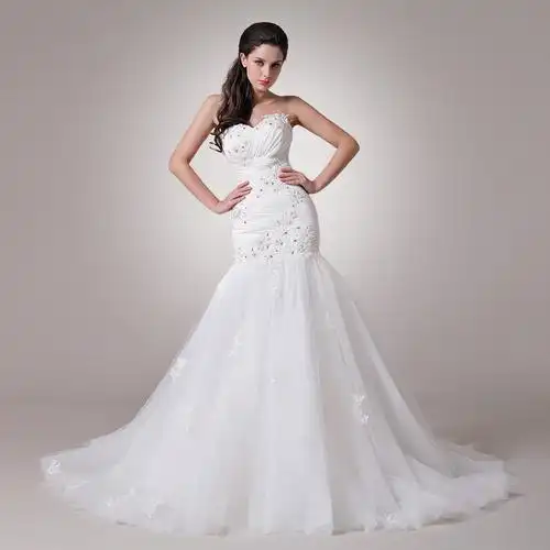 鱼尾婚纱拖尾2014新款修新娘v领抹胸蕾丝镶钻森女系奢华明星同款