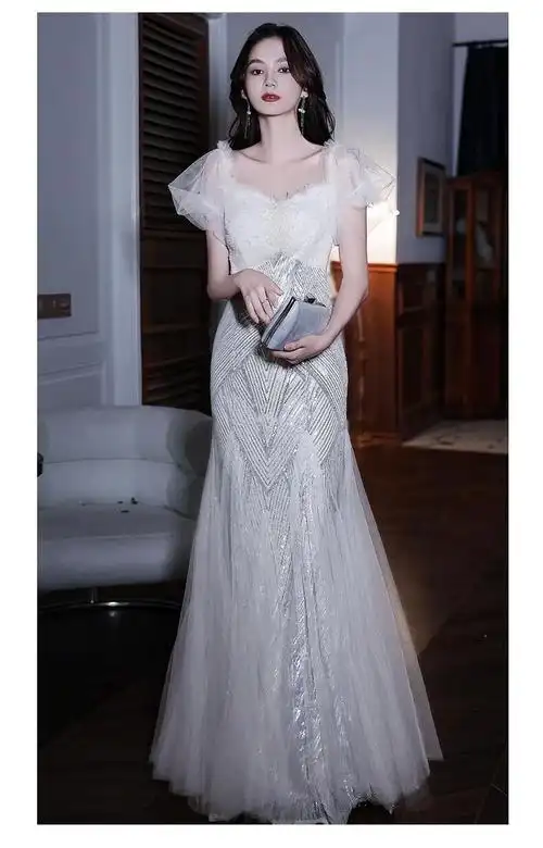 鱼尾连衣裙女包臀裙婚纱晚礼服秋冬晚礼服气质主持人演出服 图片色 m