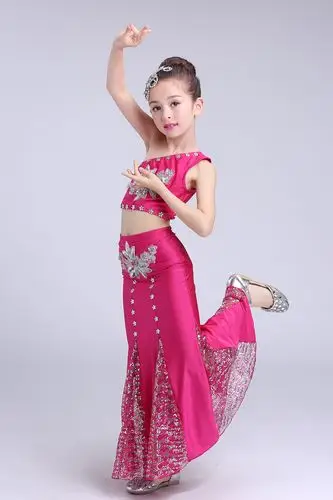 定制 儿童傣族舞新款民族表演服幼儿傣族舞蹈裙儿童孔雀舞服装雨竹林