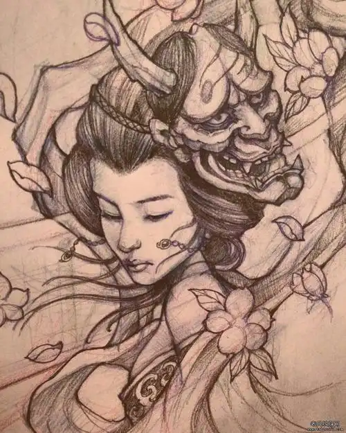 传统艺妓般若纹身图案手稿