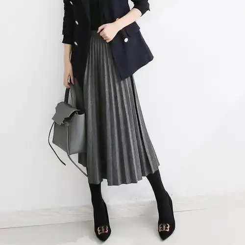 灰色秋冬半身毛呢子秋裙子字遮肚子百褶裙款显半身裙