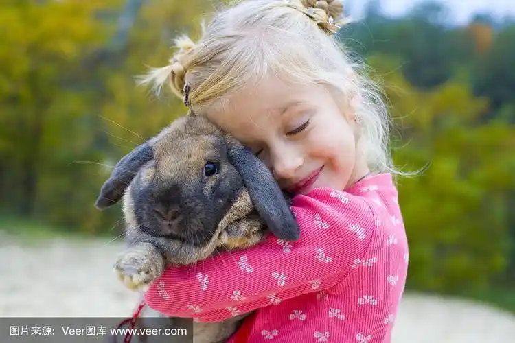 一个穿着粉红色衣服的小女孩抱着一只兔子的照片