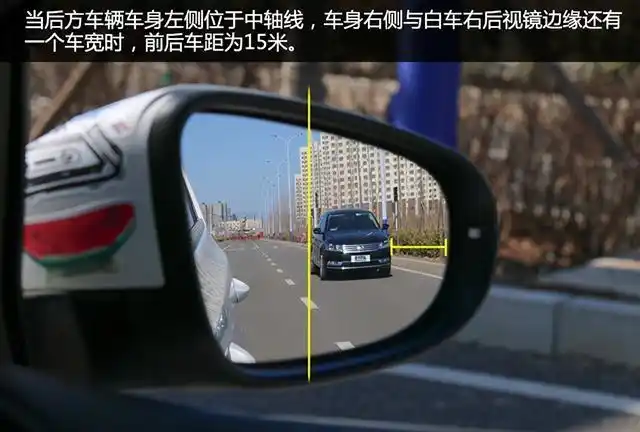 15米为安全车距,在此情况下可以进行变道,但也要先观察后视镜.