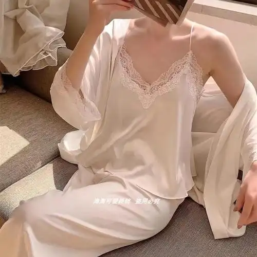 sherlarr高级白色冰丝绸缎提花面料蕾丝吊带长裤睡衣