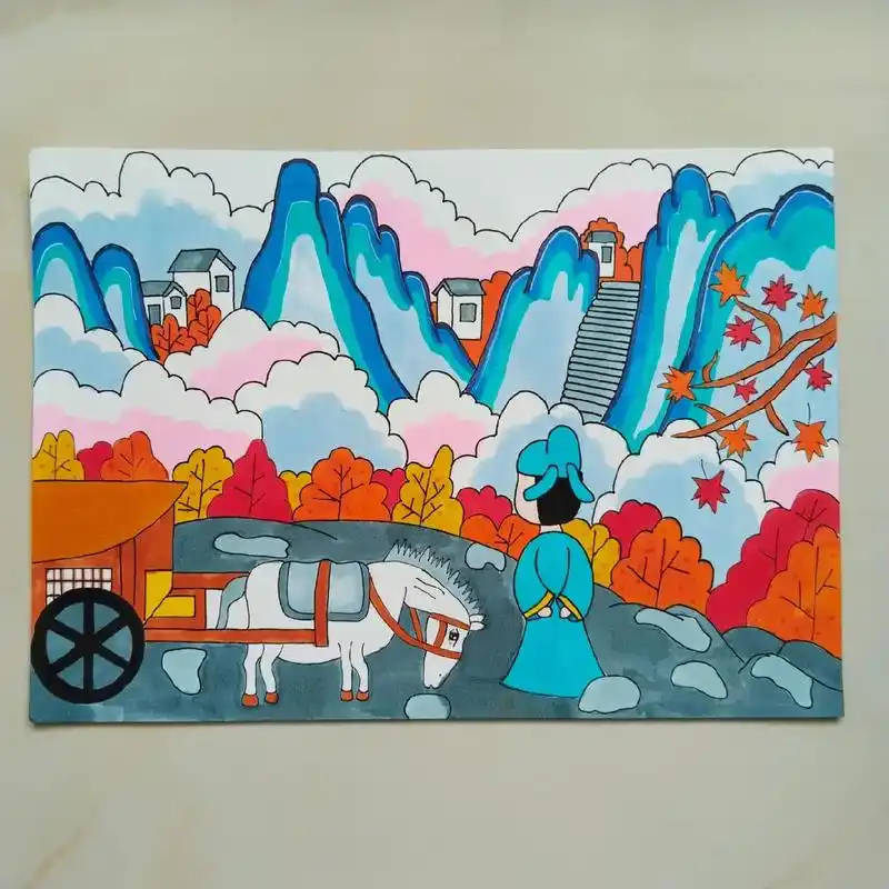 三年级上册古诗配画《山行》#绘画过程分享 #兴趣爱好 #自创 - 抖音