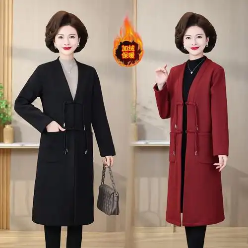 中老年女秋冬加绒外套中长款风衣中国风妈妈冬装外搭保暖盘扣大衣