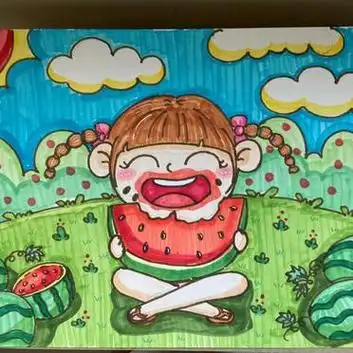 吃西瓜的小女孩91 马克笔儿童画