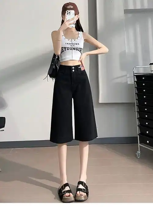 粉色牛仔六分裤女小个子夏季宽松直筒裤梨型身材高腰阔腿裤子薄款