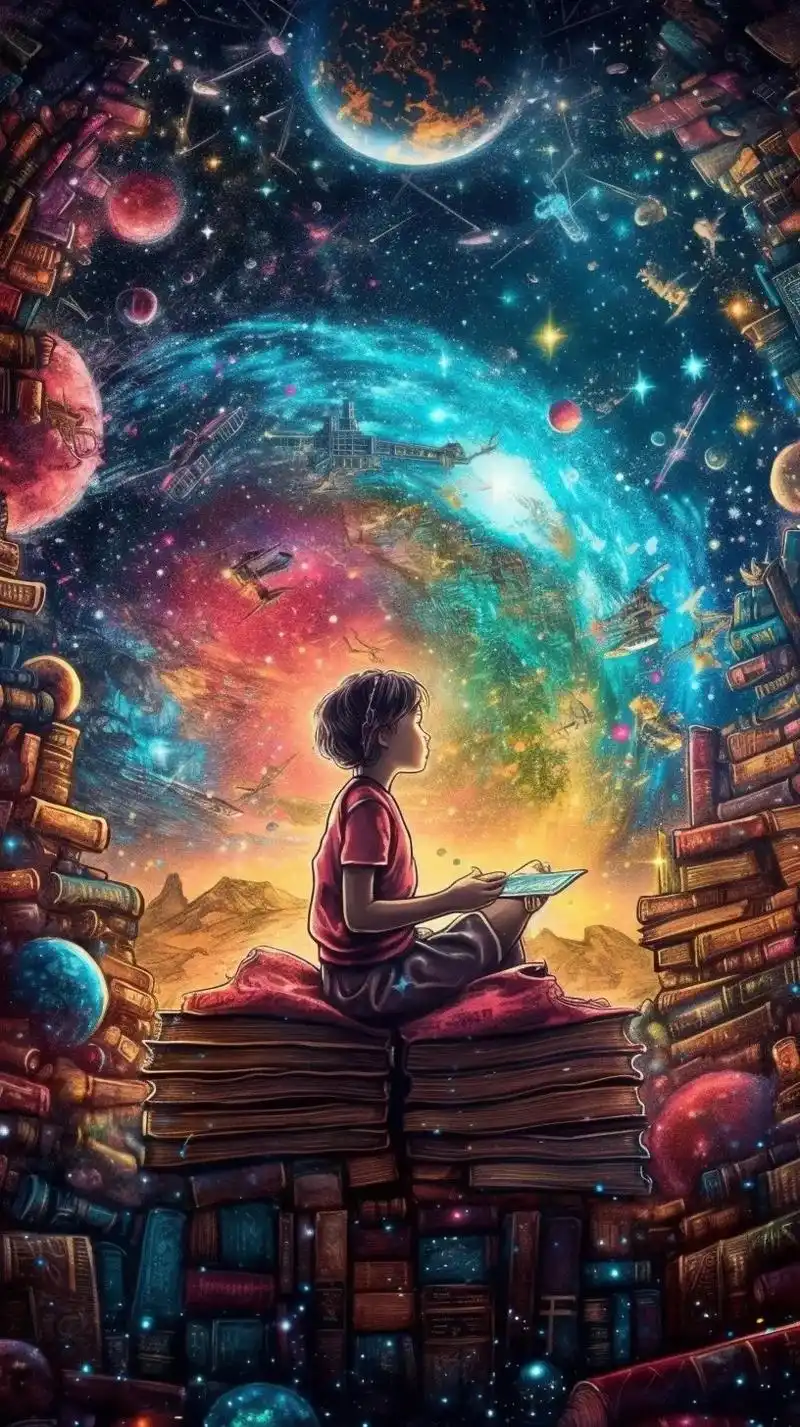 ai绘画 浪漫星河 儿童画.小男孩抬头仰望璀璨星河,他看到了 - 抖音