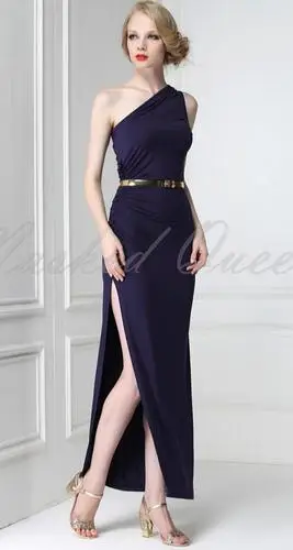 气质女神优雅褶皱性感斜肩侧开叉长裙莫代尔