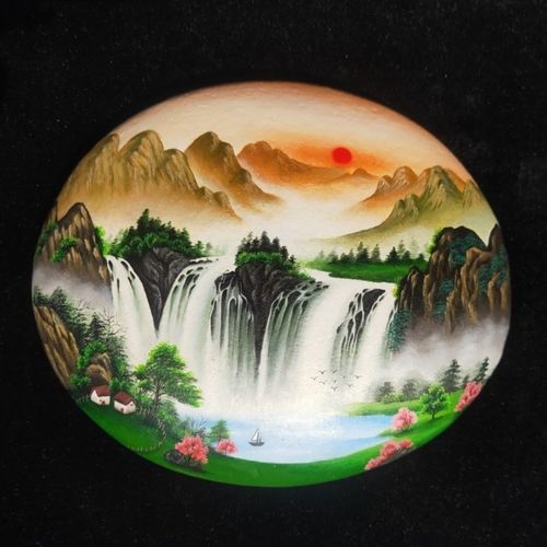纯手绘石头画 玄关 旭日东升图 山水画手工高档毕业高级摆件招财