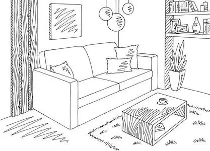 平日里素描客厅里图形黑色白色内饰素描图矢量照片