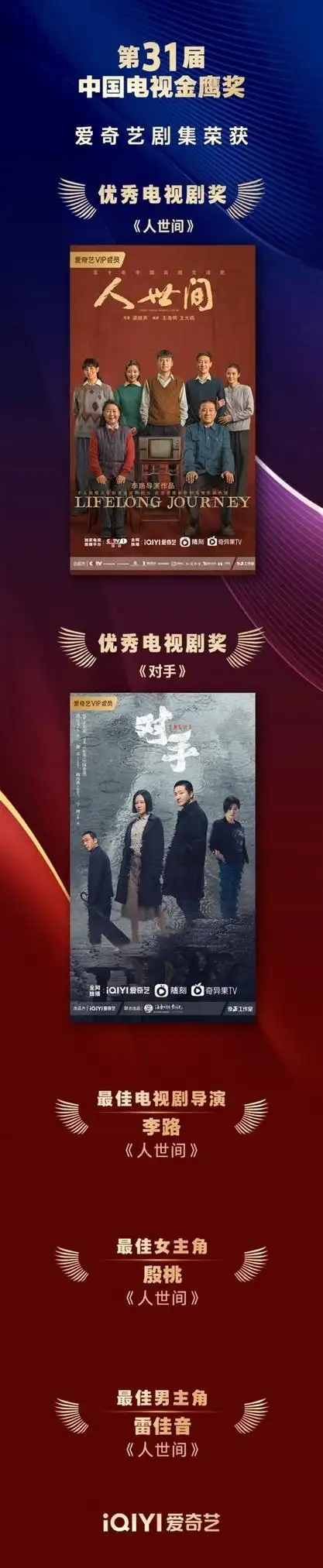 爱奇艺《人世间》《对手》荣获第31届中国电视"金鹰奖"优秀电视剧奖