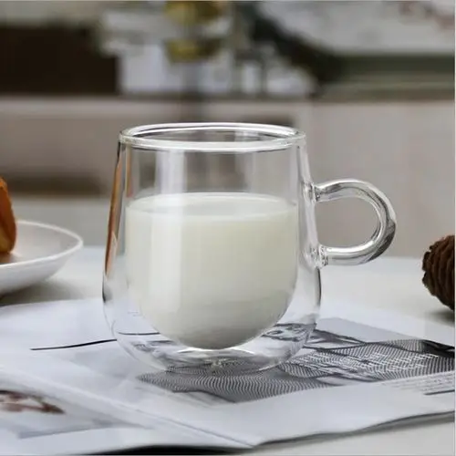 耐热玻璃双层杯 带把牛奶杯 家用玻璃果汁饮料杯 办公室玻璃水杯