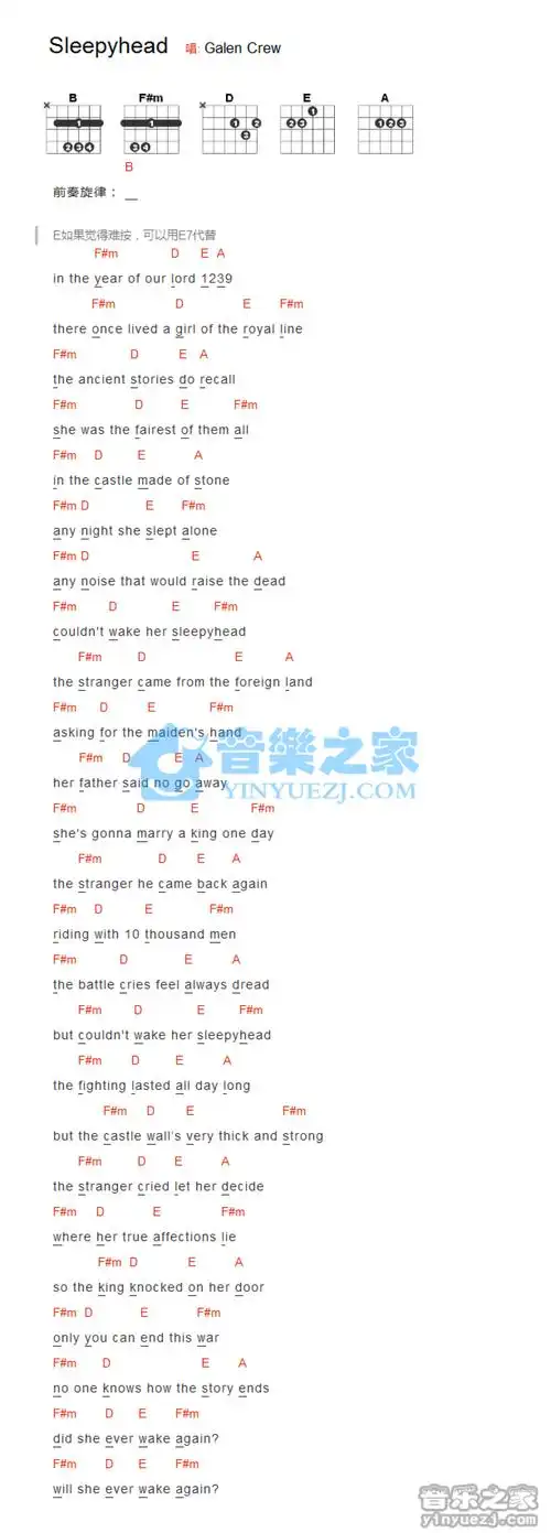 galencrewsleepyhead吉他谱吉他弹唱谱和弦谱