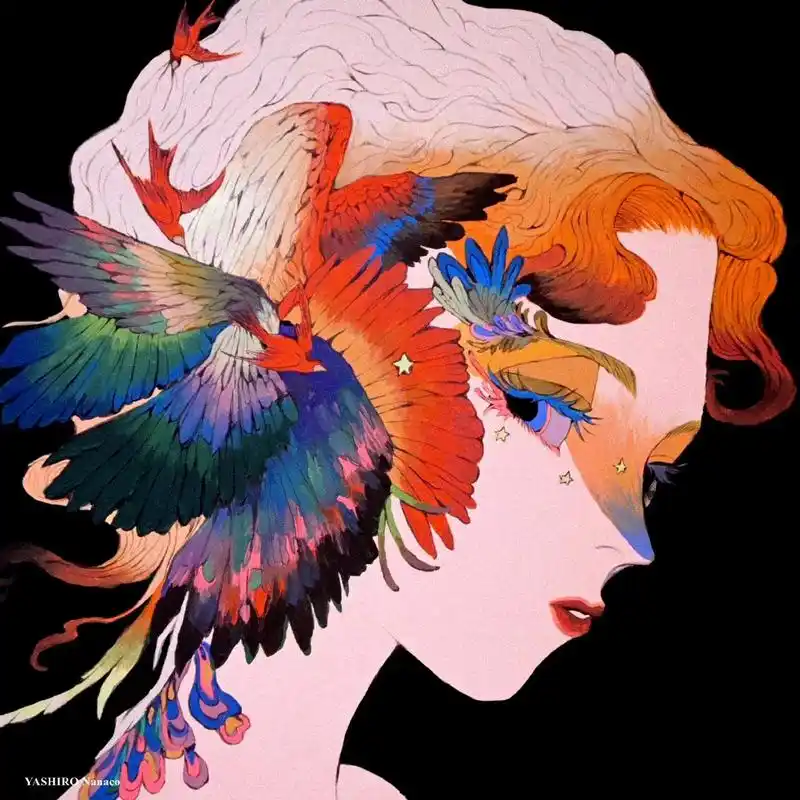 艺术家 nanaco yashiro 笔下华丽的少女头像插画,融合了飞鸟与鲜花的