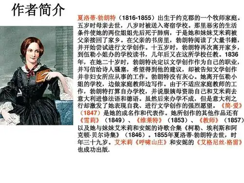 作者简介 夏洛蒂· 勃朗特(1816-1855)出生于约克郡的一个牧师