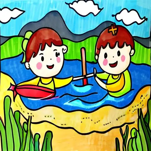 儿童捉鱼简笔画