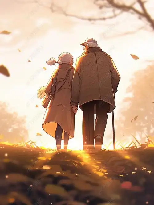 原创重阳节夕阳下老人牵手背影卡通手绘插画