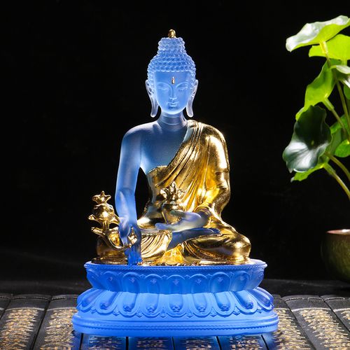 古法琉璃贴金药师佛光如来彩绘佛像佛堂供具精品家居桌面供奉摆件