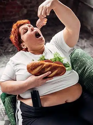 超重的 i>女 /i> i>人 /i> i>吃 /i>三明治,暴食,肥胖问题不健康的