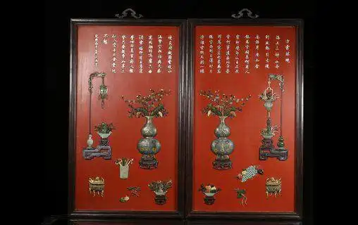 宫廷风格造办处风格朱漆底木框嵌百宝博古大挂屏一对