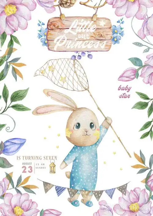 水彩孤立可爱的水彩画兔子在气球剪贴画幼兔插图婴儿海报时髦的粉色