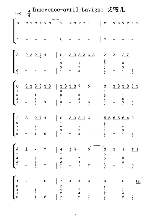 innocence-avril lavigne 艾薇儿(原版)钢琴双手简谱 钢琴谱 钢琴简谱