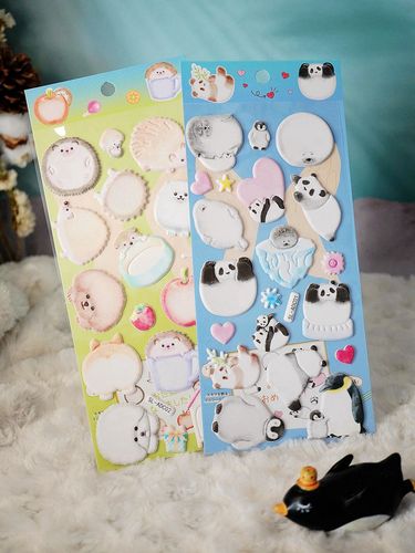 吃胖的萌宠小可爱熊猫刺猬猫咪企鹅泰迪狗兔子装饰立体手帐贴纸