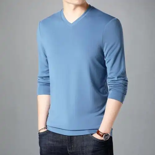 桑蚕丝t恤男士长袖 v领莫代尔百搭男装秋冬季纯色基础内搭打底衫