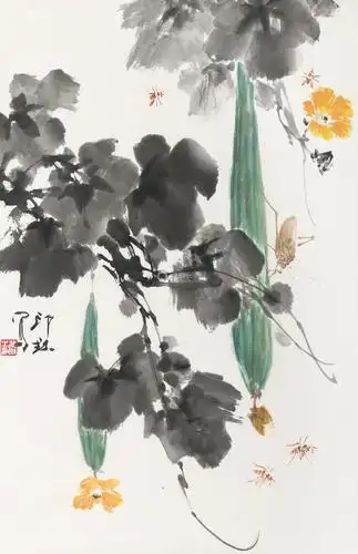 萧朗 丝瓜草虫 镜心 纸本设色
